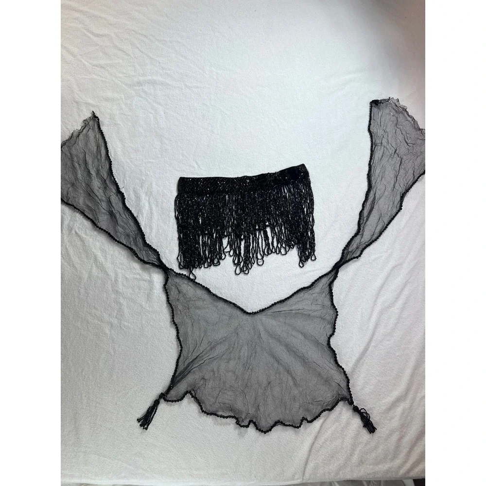 Vintage‎ Black Beaded Fringe Panel and Sheer Mesh Scalloped Shawl pieces for sew
